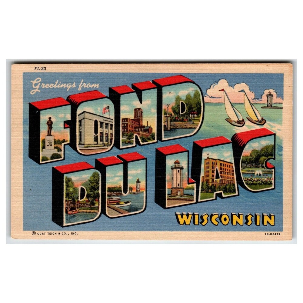 Greetings from Fond du Lac Wisconsin Linen Postcard Curt Teich Colortone 1952